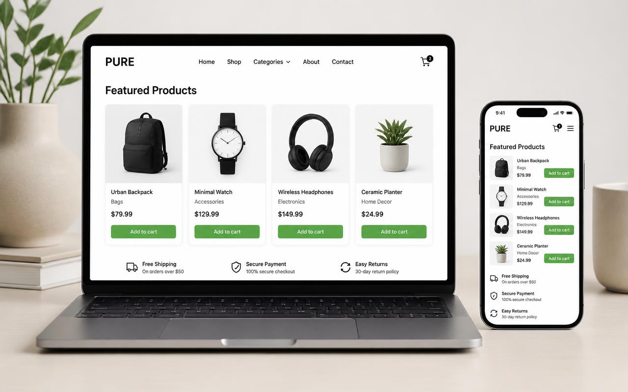 Boutique en ligne affichée sur une tablette et un téléphone